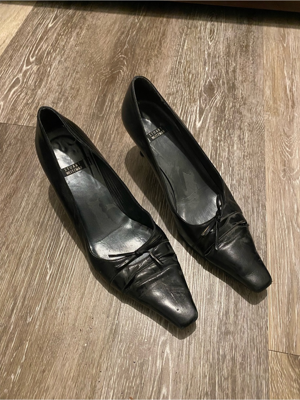 Stuart Weitzman Black Leather Pointed Toe Heels with Bow Detail